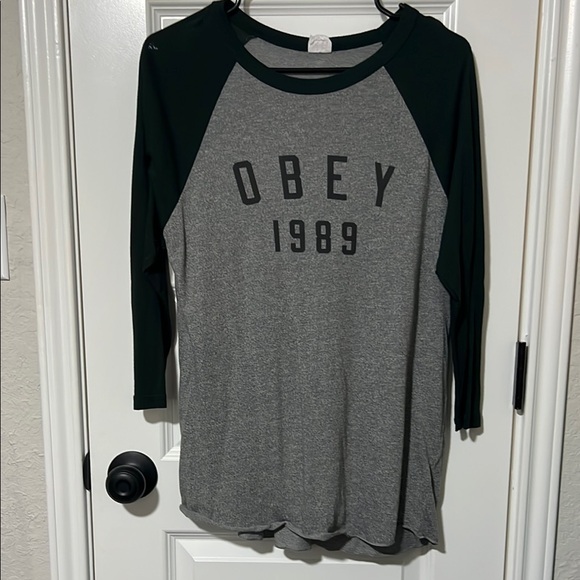 Obey Gray and Forest Green 3/4 Sleeve Raglan Shirt - Picture 2 of 2